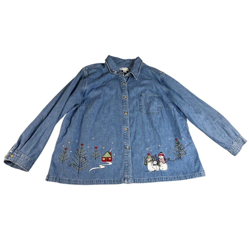 CJ Banks Vintage 2004 Christmas Snowman Embroidered Denim Shirt Plus 3X Blue